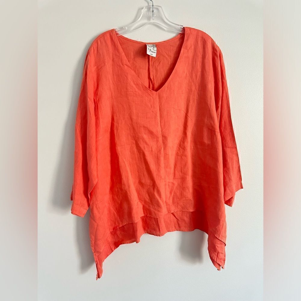 La Fixsun Size Large Coral Linen Top Shirt Asymmetrical Hem USA Made